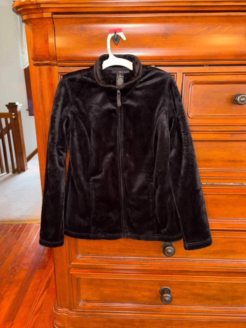 Grace Black Plush Velour Zip-Up Jacket Size Small Soft Cozy